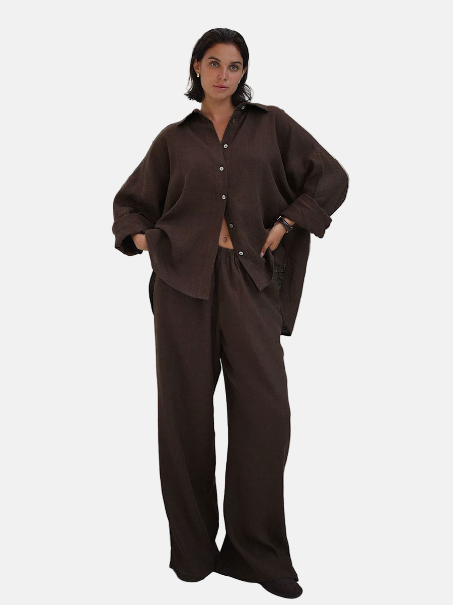 Women's Set – Linen Blend – Oversized Fit – Long Sleeve Shirt & Wide Pants