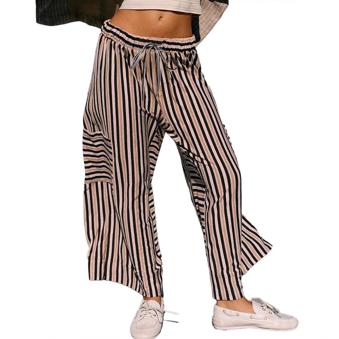 Women's Pants with Wide Legs – Relaxed Fit – Breathable Material – Striped Design