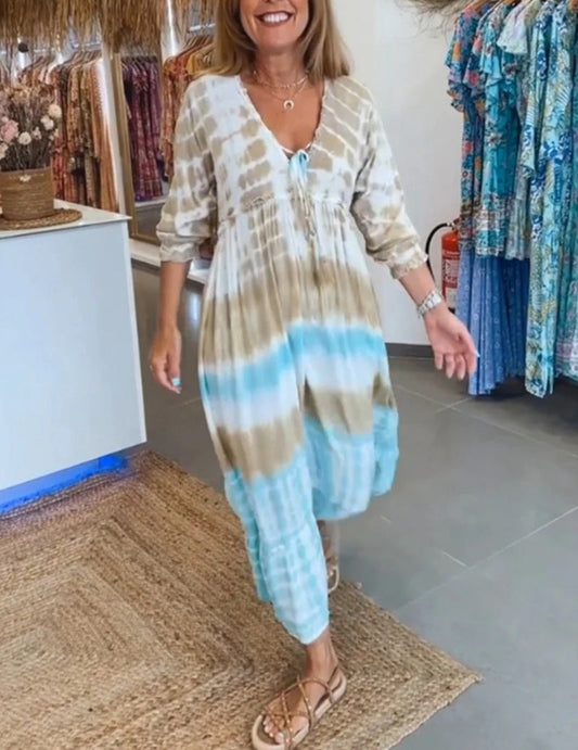 Women's Caftan Dress – Relaxed Fit – Viscose-Like Fabric – Tie-Dye – V-Neck – Midi Length