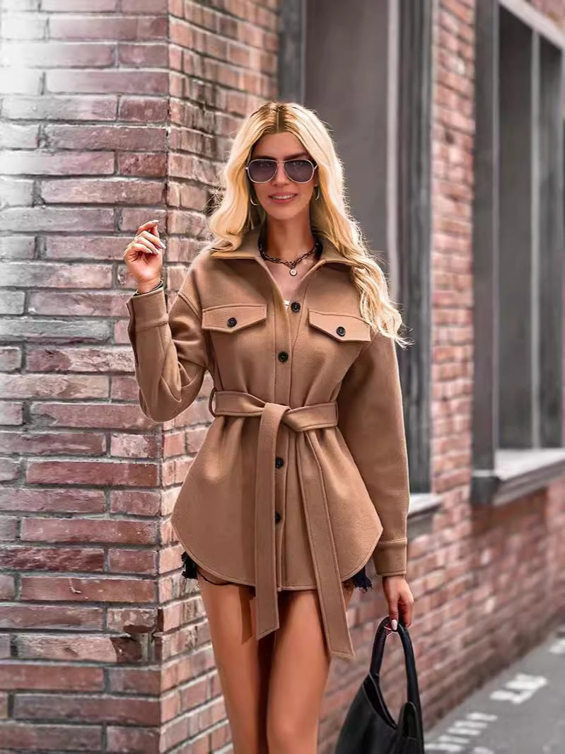 Women's Short Coat – Wool Texture – Oversized Fit – Buttoned Front – Notched Collar