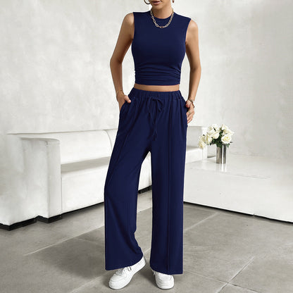 Dame Sæt – Ærmeløs Crop Top – Bredbenede Bukser – Let og Åndbar Komfort