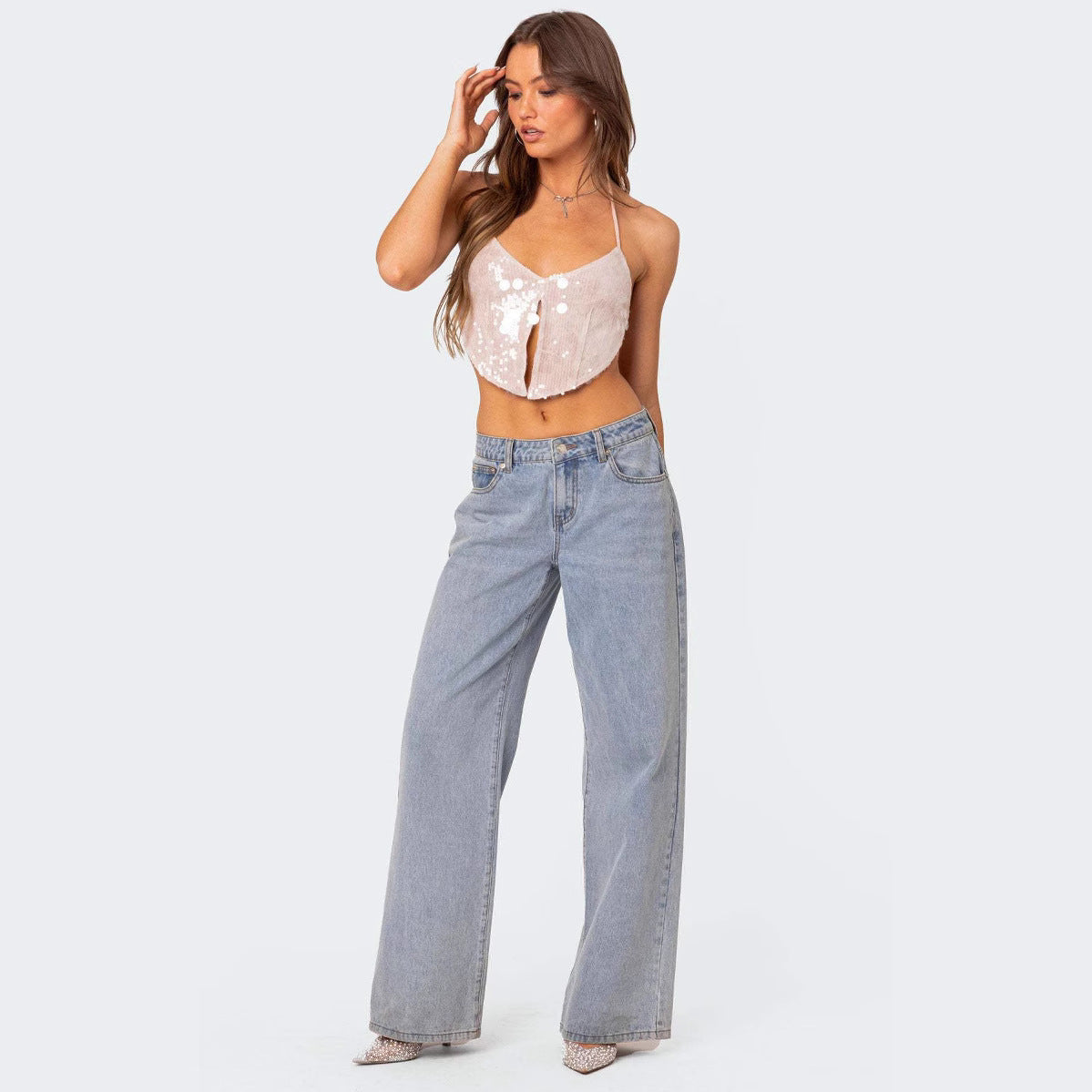 Women's Crop Top – Slim Fit – Halterneck – Deep V-Neck – Shiny Party Look