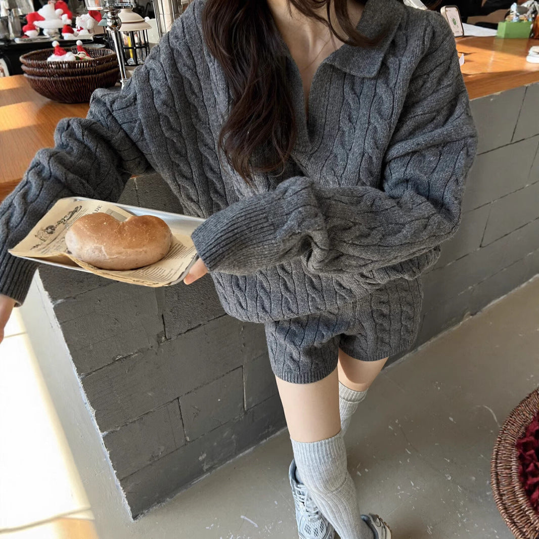 Women's 2-Piece Set – Casual Fit – Soft Wool Feel – High Collar – Cable Structure