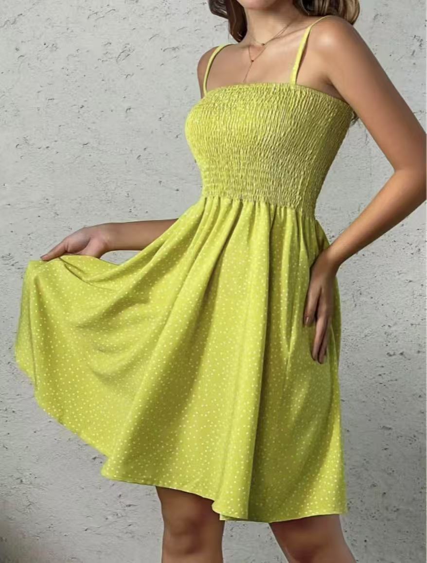 Women’s Polka Dot Dress - Smocked Bodice - Spaghetti Strap