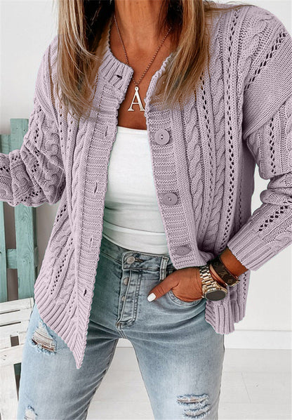 Women's Cardigan – Relaxed Fit – Wool Knit – Button Closure – Cable Knit Pattern
