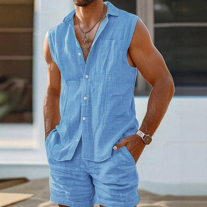 Men's Set with Sleeveless Shirt and Shorts – Cotton Linen – Relaxed Fit