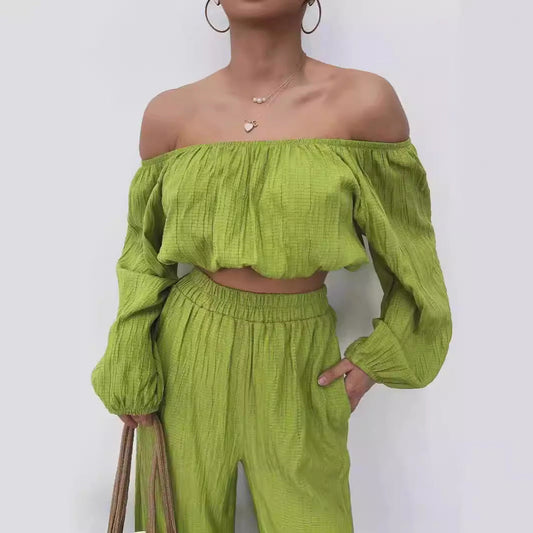 Women's Set – Off-Shoulder Crop Top with Long Sleeves – High-Waisted Wide Pants