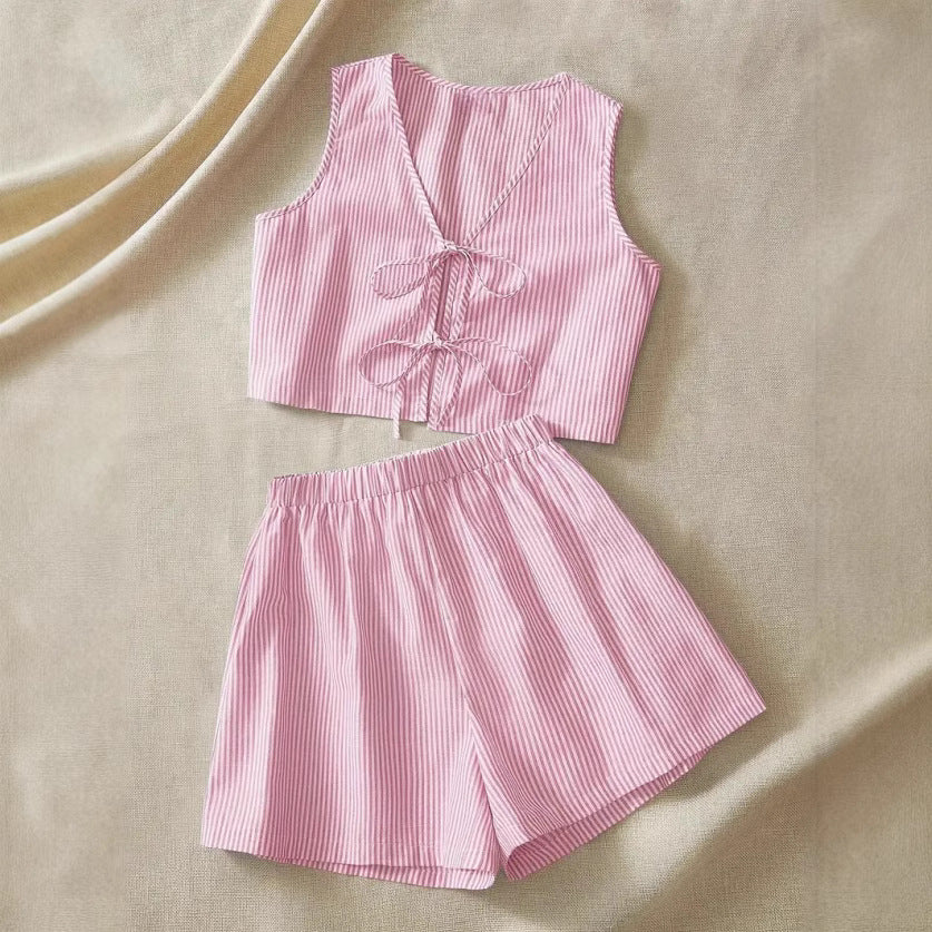 Women's Crop Top – Sleeveless – V-Neck with Bow Detail – Striped – Breathable Material