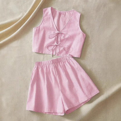 Women's Crop Top – Sleeveless – V-Neck with Bow Detail – Striped – Breathable Material