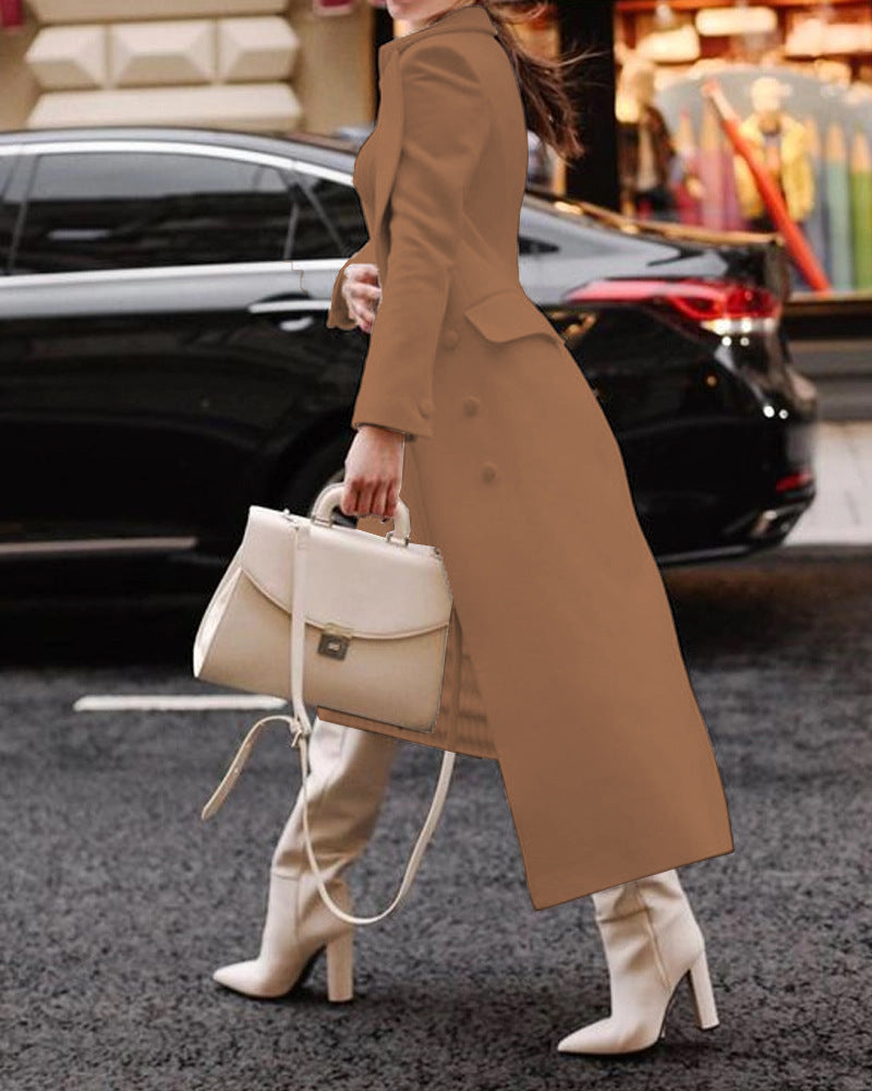 Women's Long Coat – Tailored Fit – Wool-Like Texture – Elegant Collar