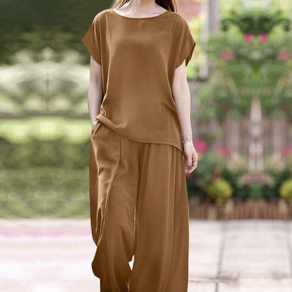 Women's Two-Piece Set – Loose Fit Blouse – Wide Pants – Lightweight Breathable Fabric