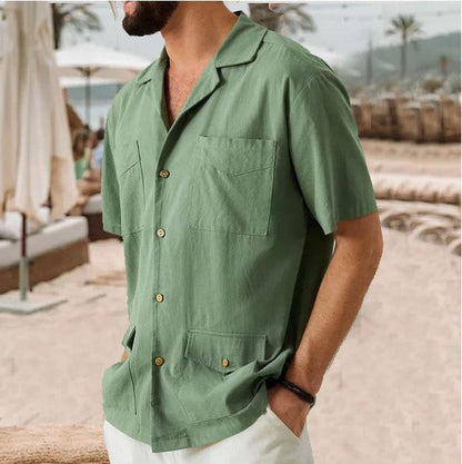 Men's Shirt with Short Sleeves – Relaxed Fit – Cotton/Linen – 4 Pockets – Notched Collar