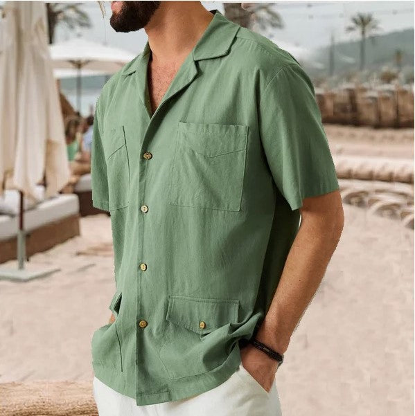 Men's Shirt with Short Sleeves – Relaxed Fit – Breathable Natural Material – 4 Pockets