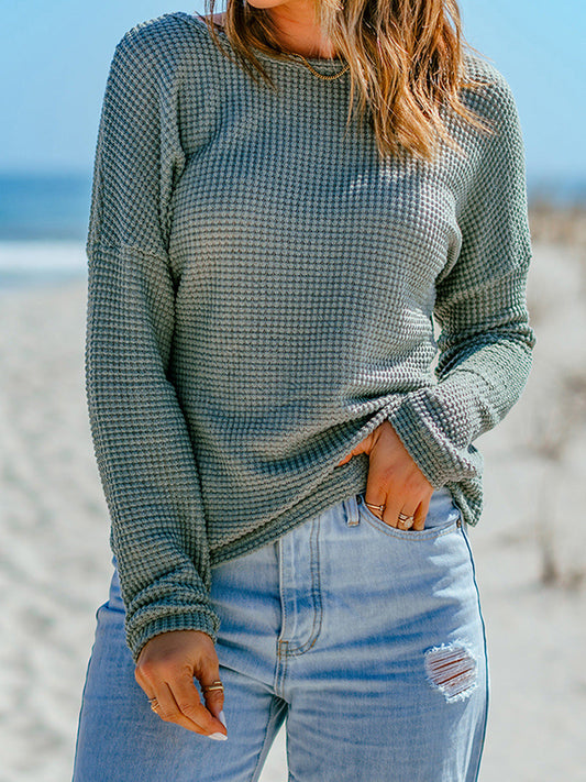 Women's Long-Sleeve Top – Waffle Texture – Relaxed Fit – Drop Shoulder – Casual