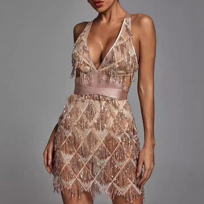 Dress for Women – Midi – Fitted – Deep V-neck – Sequins and Fringes