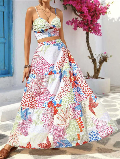 Women's Set – Crop Top with Spaghetti Straps – A-line Maxi Skirt – Breathable Cotton