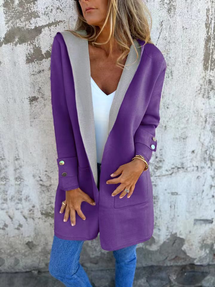 Women's Hooded Cardigan – Soft Knit – Relaxed Fit – Contrast Trim – Button Cuffs