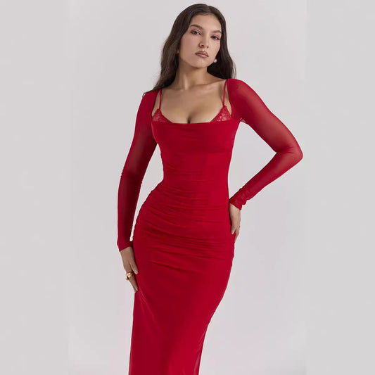 Women's Dress – Slim Fit – Mesh Sleeves – Open Back – Ankle Length – Slit Detail