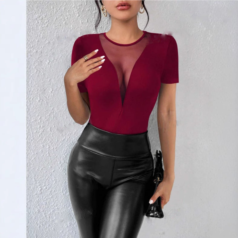 Women's T-shirt – Slim Fit – Deep V-neck – Mesh Details – Short Sleeve – Breathable Design