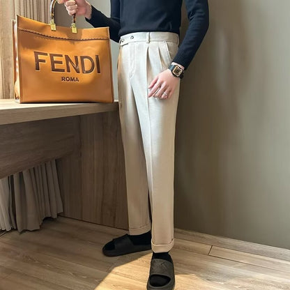Men's Trousers – Wool Blend – High Waist – Crease – Turn-Up – Straight Leg