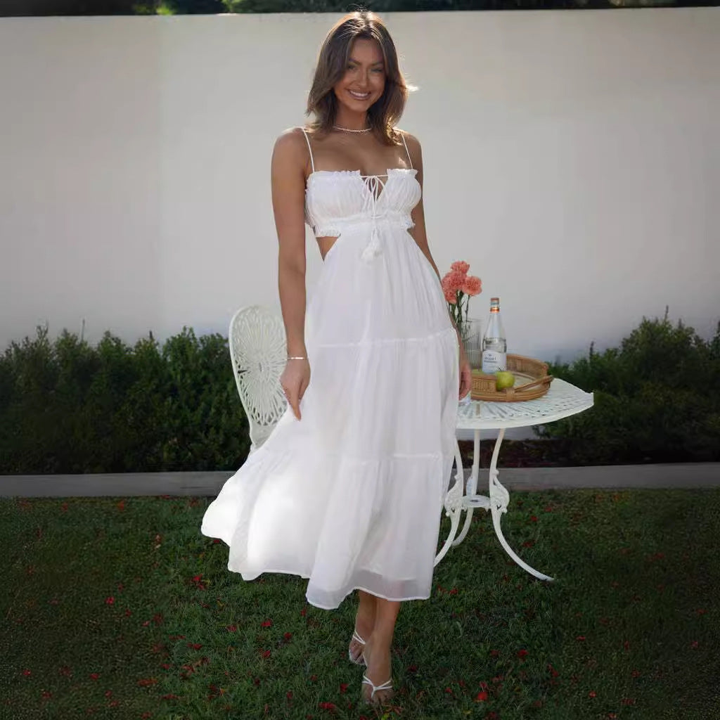 Women's Maxi Dress – Relaxed Fit – Layered Skirt – Cut-Out Sides – Open Back