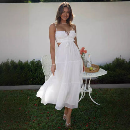 Women's Maxi Dress – Relaxed Fit – Layered Skirt – Cut-Out Sides – Open Back