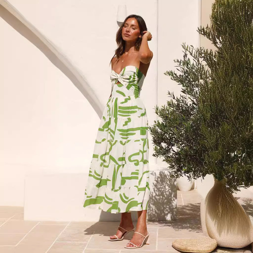 Women's Maxi Dress – Lightweight Fabric – A-Line Fit – V-Neck – Open Back with Tie Strings