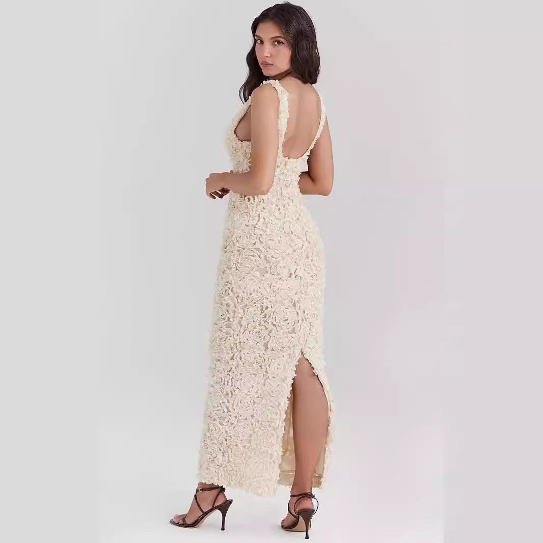 Dress for Women – Evening Dress – Slim Fit – 3D Flower Texture – Deep V-Neck – Ankle Length