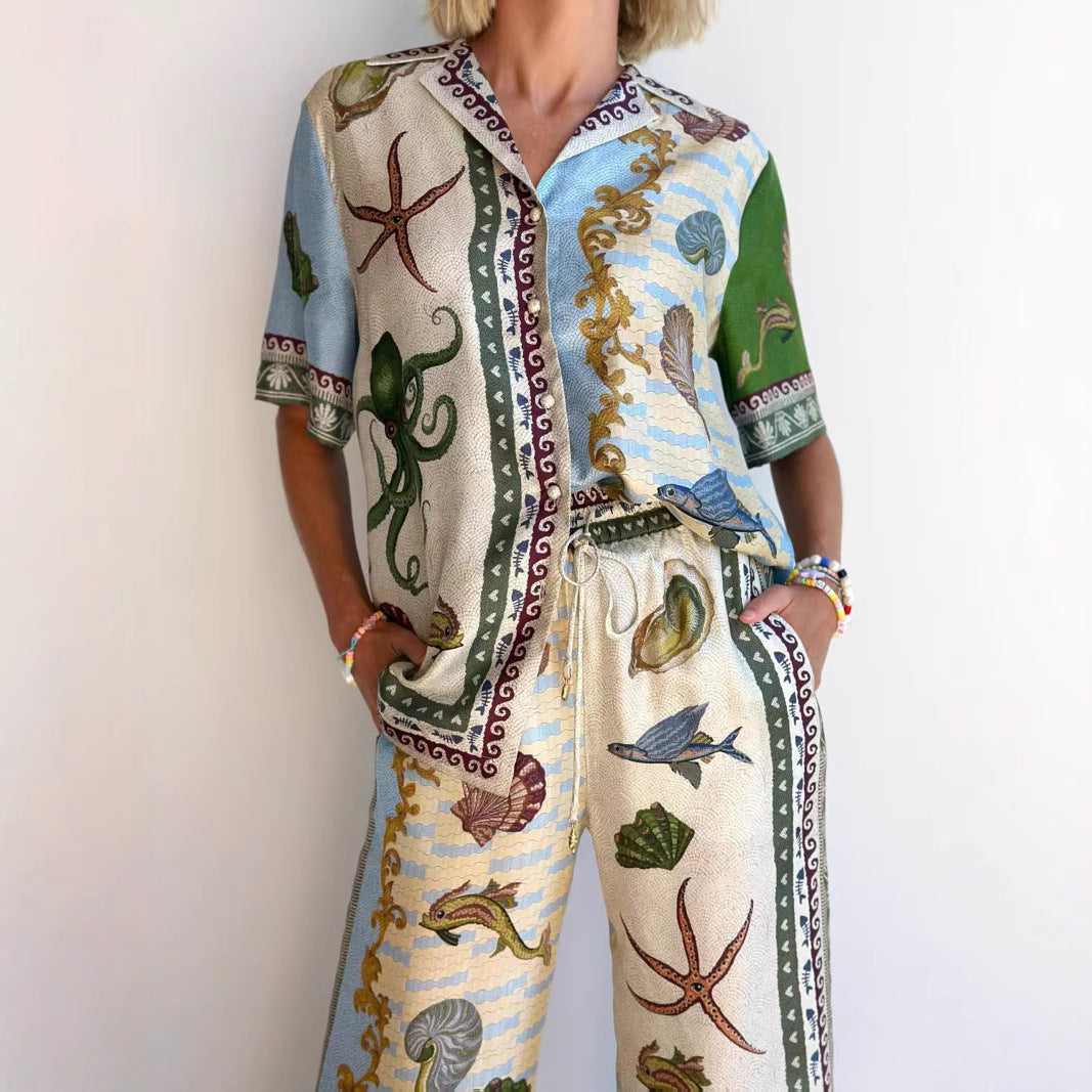 Women's Set with Shirt and Pants – Linen Blend – Relaxed Fit – Wide Leg – Print