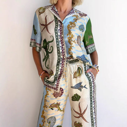 Women's Set with Shirt and Pants – Linen Blend – Relaxed Fit – Wide Leg – Print