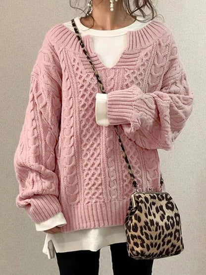 Women's Knit Sweater – Oversized Fit – Cable Knit – Deep V-Neck – Long Sleeves