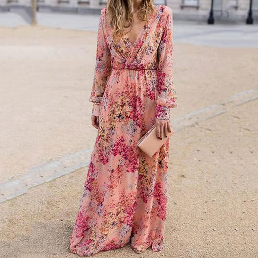 Women's Dress Maxi – Floral Print – Deep V-Neck – Light and Airy Fit