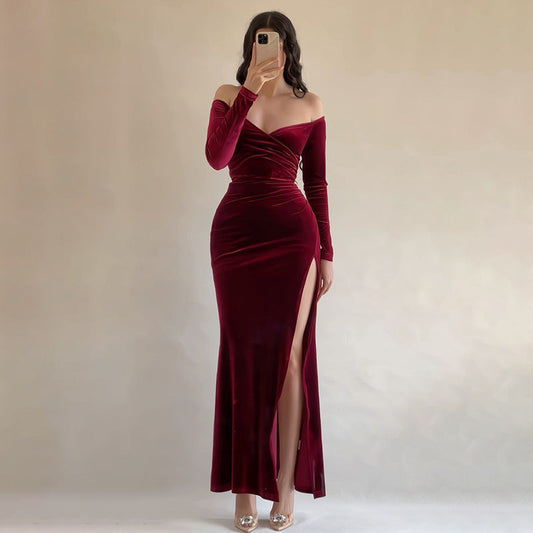 Women's Long Dress – Slim Fit – Velour – Off Shoulder – Slit – Evening Wear