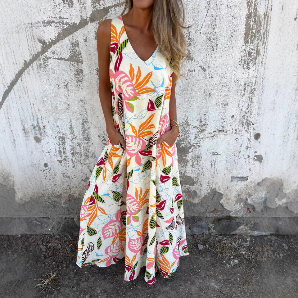 Dress for Women – Maxi A-line – Tropical Pattern – Sleeveless – Light and Breathable
