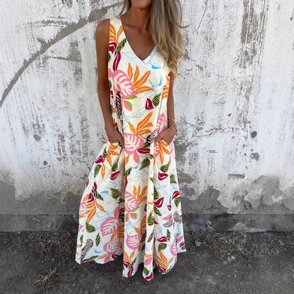 Dress for Women – Maxi A-line – Tropical Pattern – Sleeveless – Light and Breathable