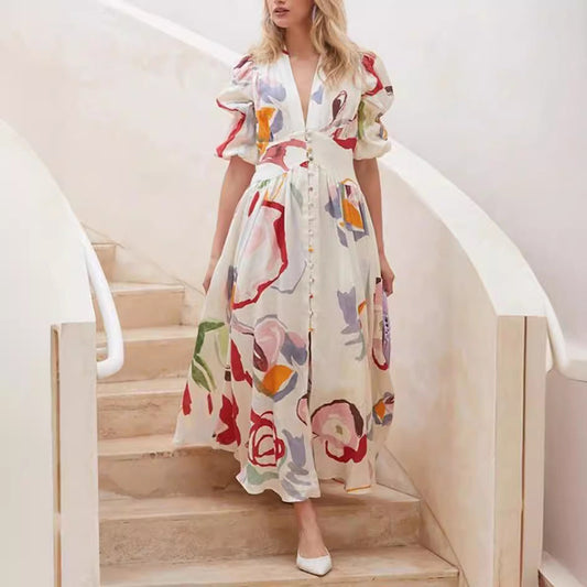 Dress for Women – Maxi Length – Relaxed Fit – Balloon Sleeves – Natural Fibers