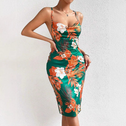 Women's Midi Dress – Fitted Fit – Spaghetti Straps – Floral Print – Slit