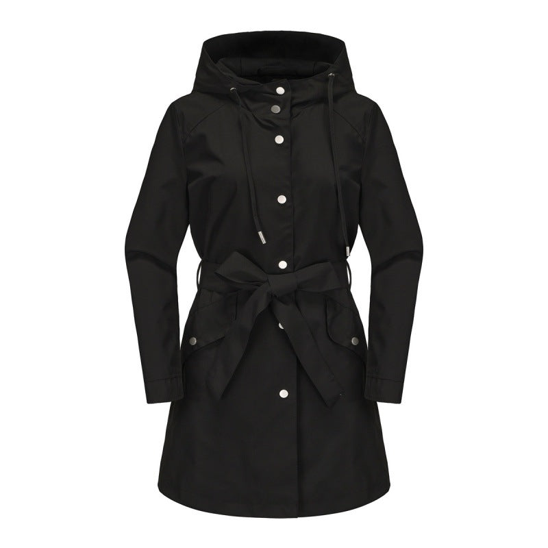 Women's Trench Coat – Relaxed Fit – Water-Resistant – Hood – Waist Belt – Mid-Length