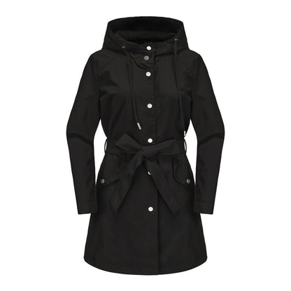 Women's Trench Coat – Relaxed Fit – Water-Resistant – Hood – Waist Belt – Mid-Length