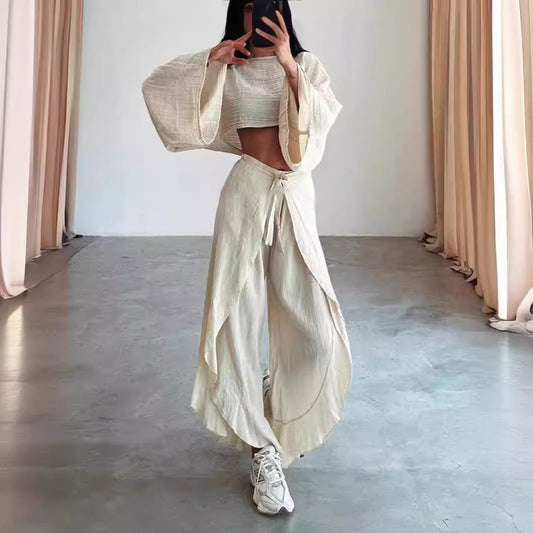 Women's Set – Two-Piece Linen Mix – Cropped Top with Wide Sleeves – Wide Pants with Ruffles