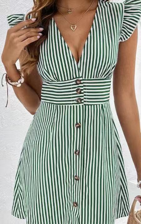 Women's Dress – V-neck A-line – Ruched Cap Sleeves – Button Closure – Striped Lightweight Fabric
