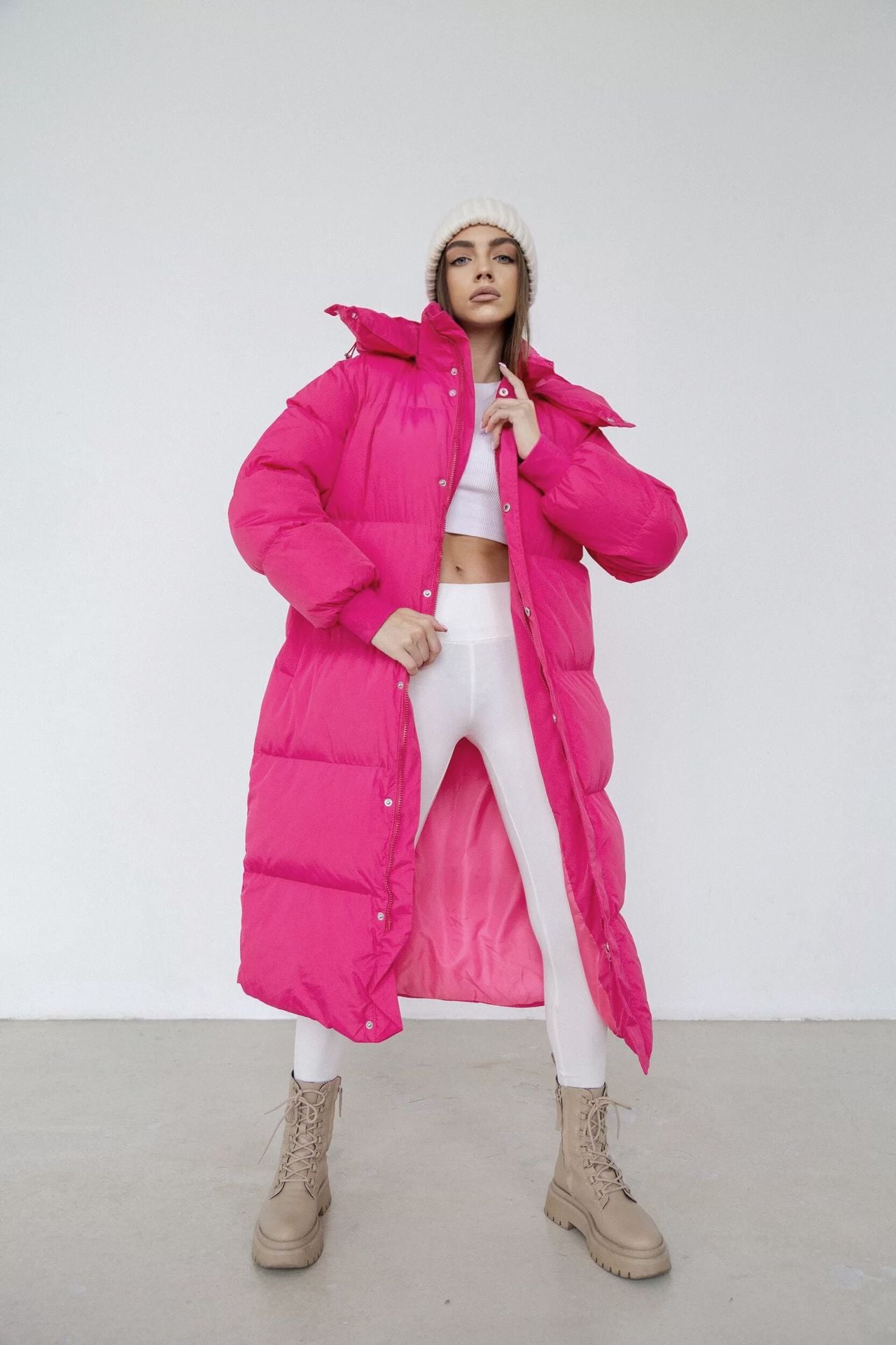 Women’s Puffer Coat - Quilted Insulated - Longline Oversized - High Collar Hood