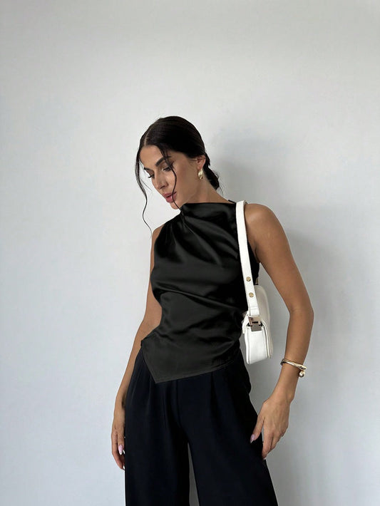 Women's Blouse – Slim Fit – Sleeveless – High Neck – Draped Front – Luxury Fabric