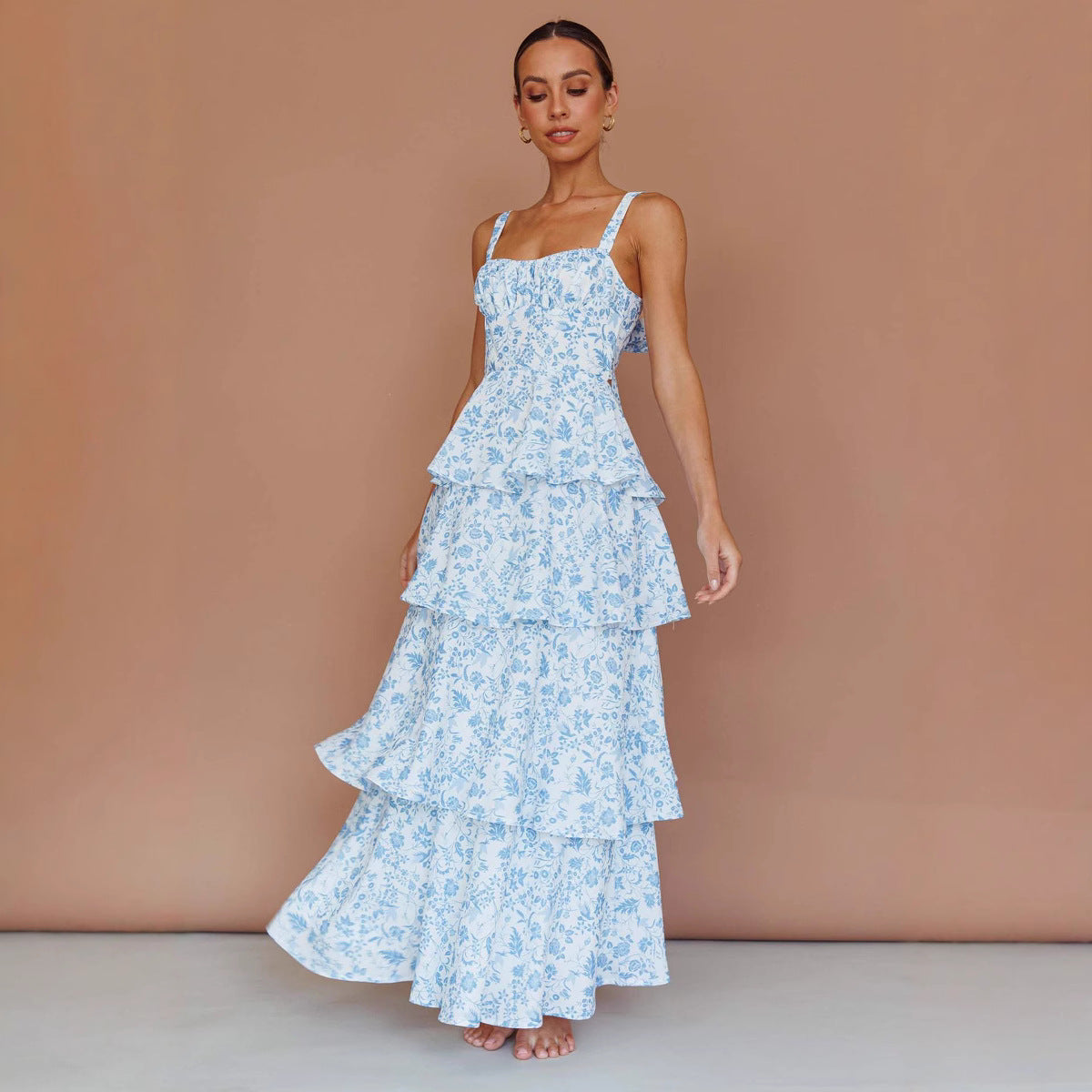 Women's Midi Dress – Slim Waist – Floral Print – Sleeveless – Ruched Skirt