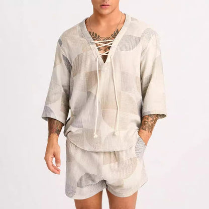 Men's Set – Relaxed Fit – Soft Breathable Fabric – Drawstring Shirt & Shorts