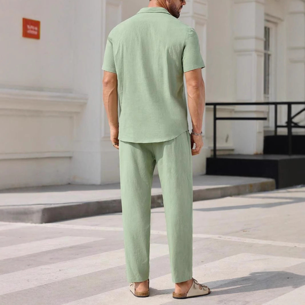 Men's Set – Relaxed Fit – Short-Sleeved Shirt & Straight Pants – Breathable Design