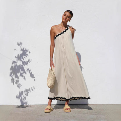 Dress for Women – Long with Relaxed Fit – One Shoulder – Breathable Material – A-Line – Ruffle Hem