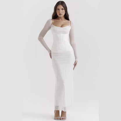 Women's Dress – Slim Fit – Mesh Sleeves – Open Back – Ankle Length – Slit Detail