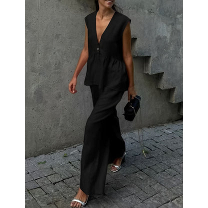 Women's Two-Piece Set – Sleeveless Peplum Top with V-Neckline – Loose Pants in Breathable Material