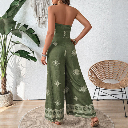 Women's Jumpsuit without Straps – Wide Leg – Embroidery – Cotton Linen Blend – Tie Belt